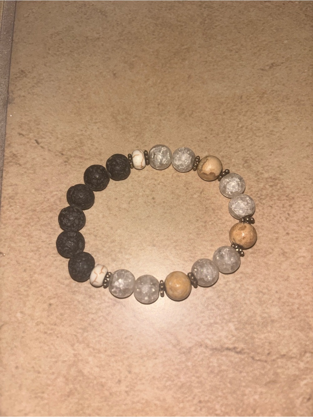 Natural Stone Beaded Stretch Bracelet in Black, Gray and Brown